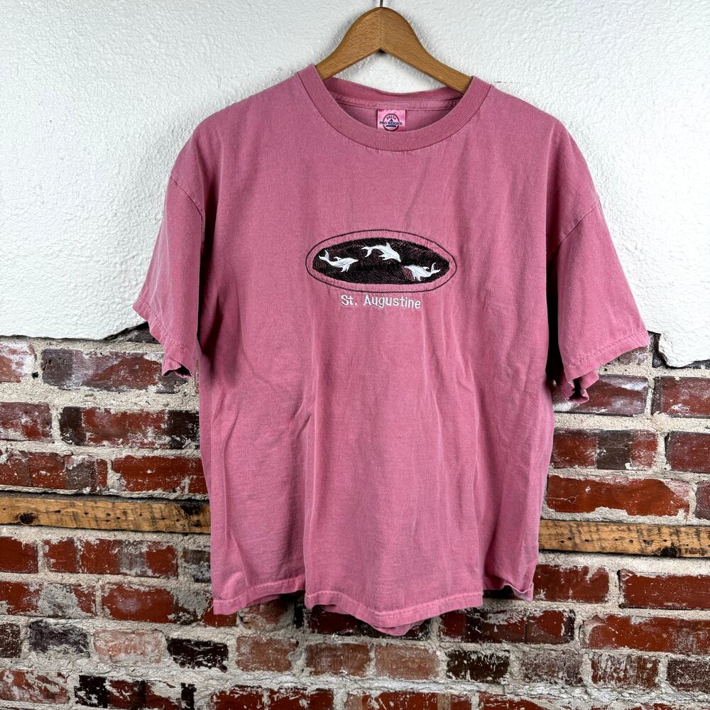 Vintage St Augustine Shirt XL Pink Cotton Short Sleeve Dolphin Ocean Embroidered